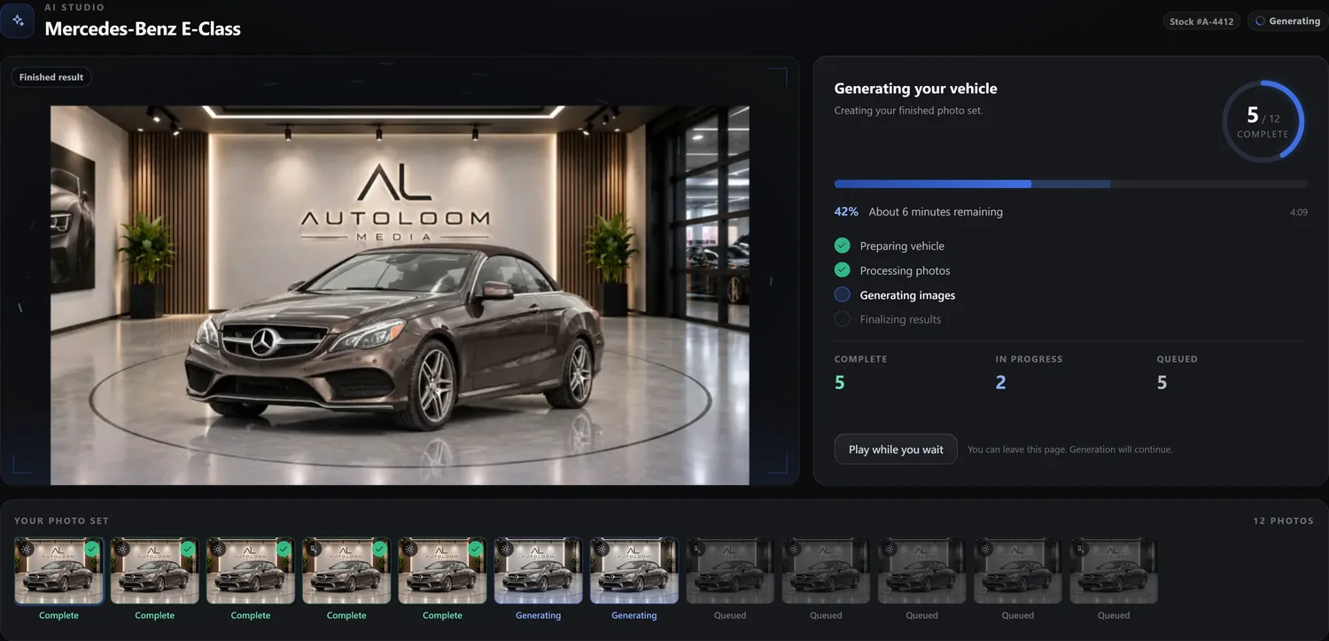 The AutoLoom generation workspace processing a Mercedes-Benz E-Class, showing batch progress, stage checklist and the photo timeline