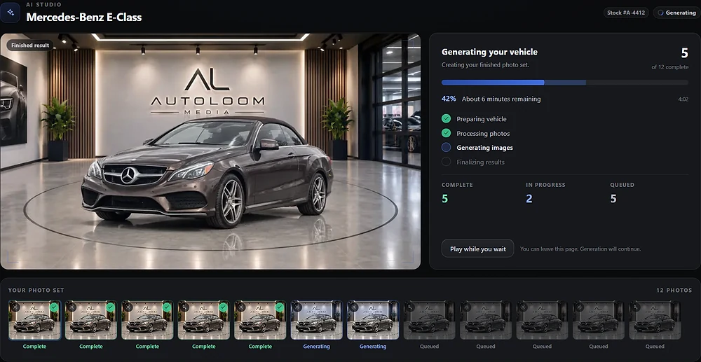 The AutoLoom AI Studio processing a vehicle's photo set, with the finished result, live progress and the full filmstrip